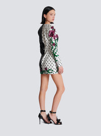 Robe courte brodée roses et polka dots - Noir & Blanc & Multicolore