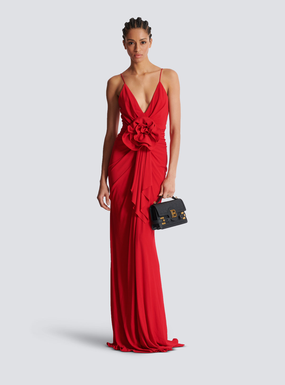 Robe longue plissée à détail fleur - Rouge