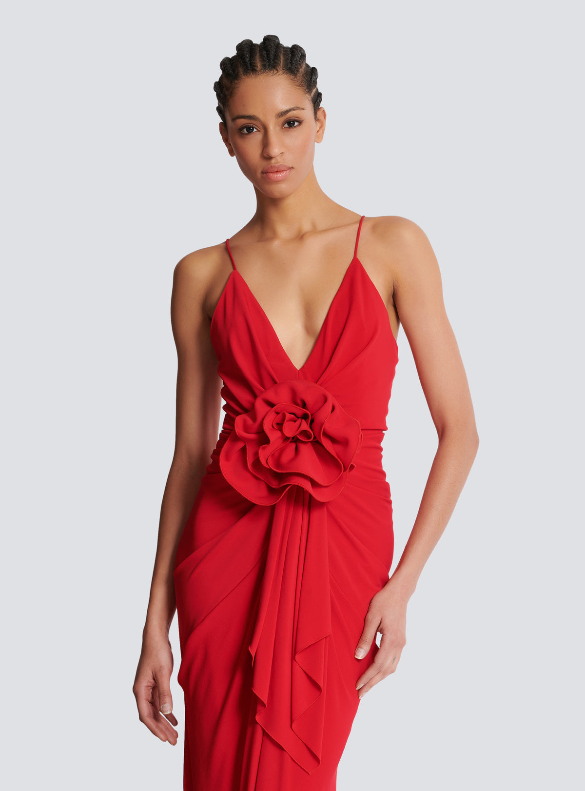 Robe longue plissée à détail fleur - Rouge