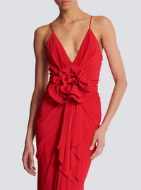 Long pleated dress with flower detail - Red