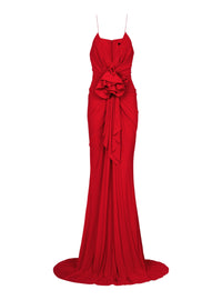 Long pleated dress with flower detail - Red