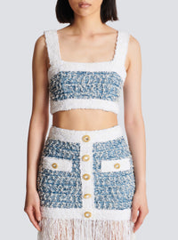 Top à bretelles en tweed denim - Bleu Pâle & Blanc
