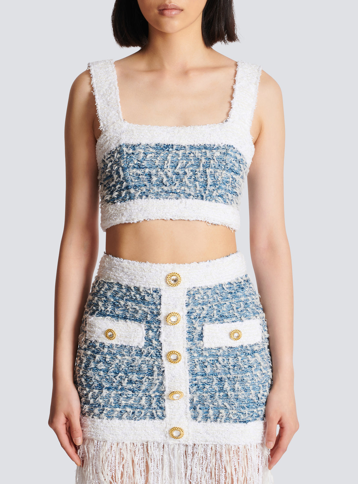 Top à bretelles en tweed denim - Bleu Pâle & Blanc
