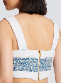 Top à bretelles en tweed denim - Bleu Pâle & Blanc
