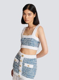 Top à bretelles en tweed denim - Bleu Pâle & Blanc