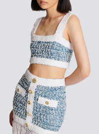 Top à bretelles en tweed denim - Bleu Pâle & Blanc