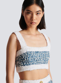 Top à bretelles en tweed denim - Bleu Pâle & Blanc