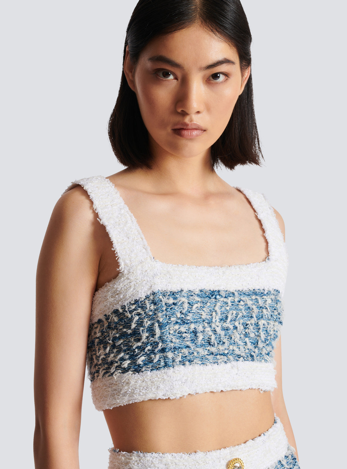 Top à bretelles en tweed denim - Bleu Pâle & Blanc