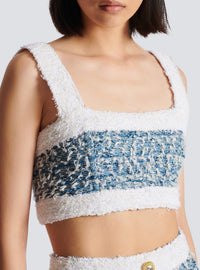 Top à bretelles en tweed denim - Bleu Pâle & Blanc
