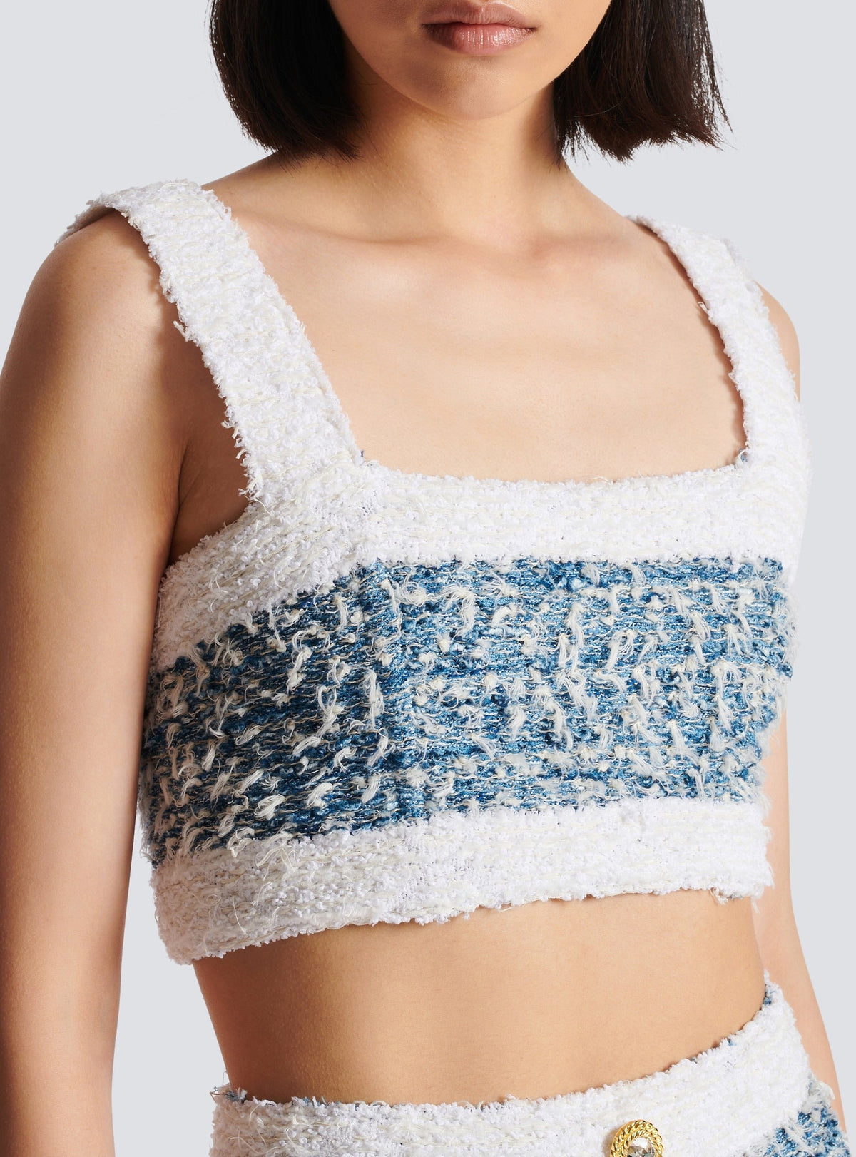 Top à bretelles en tweed denim - Bleu Pâle & Blanc