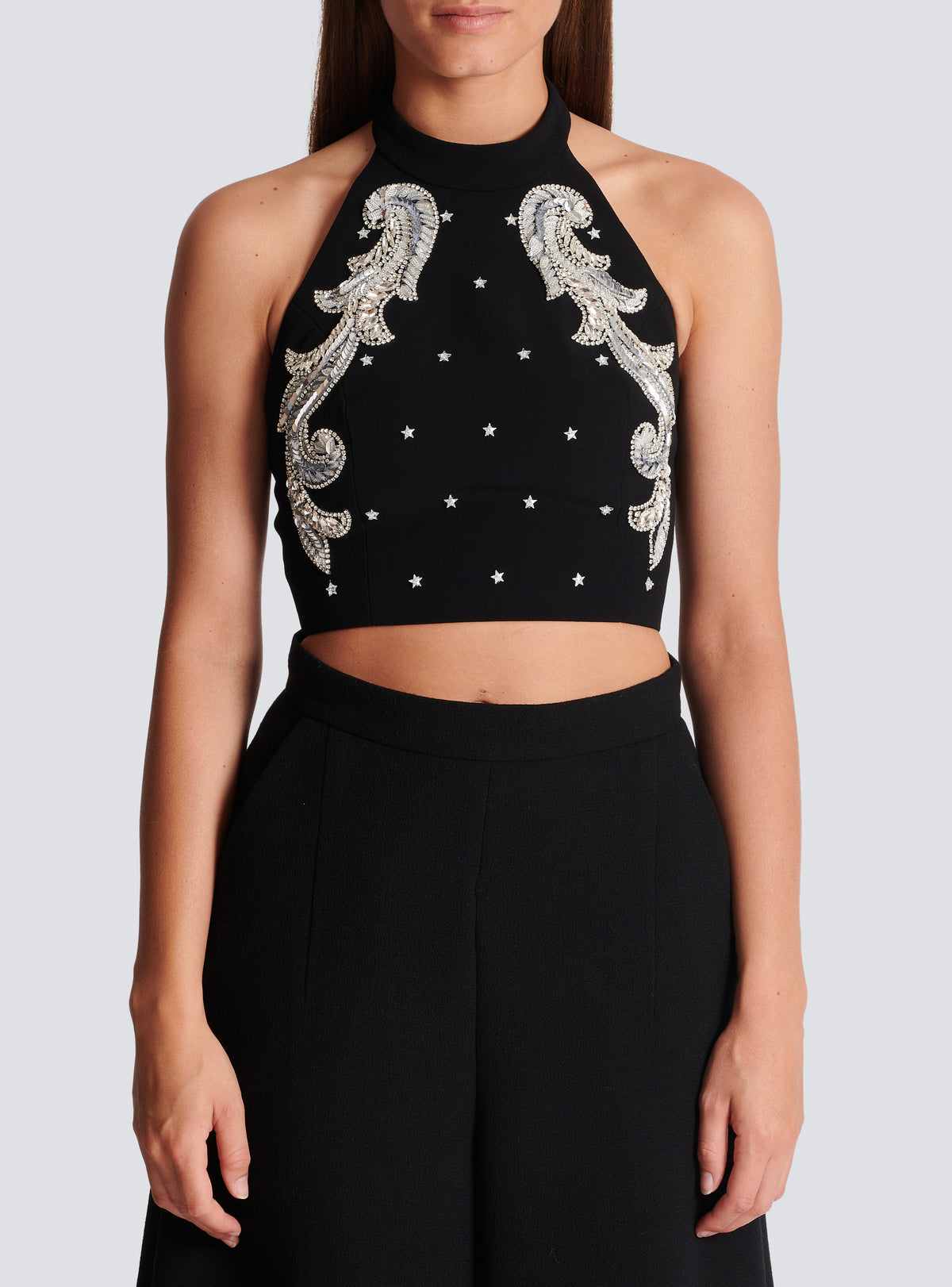 Top dos-nu à broderie baroque - Noir & Cristal