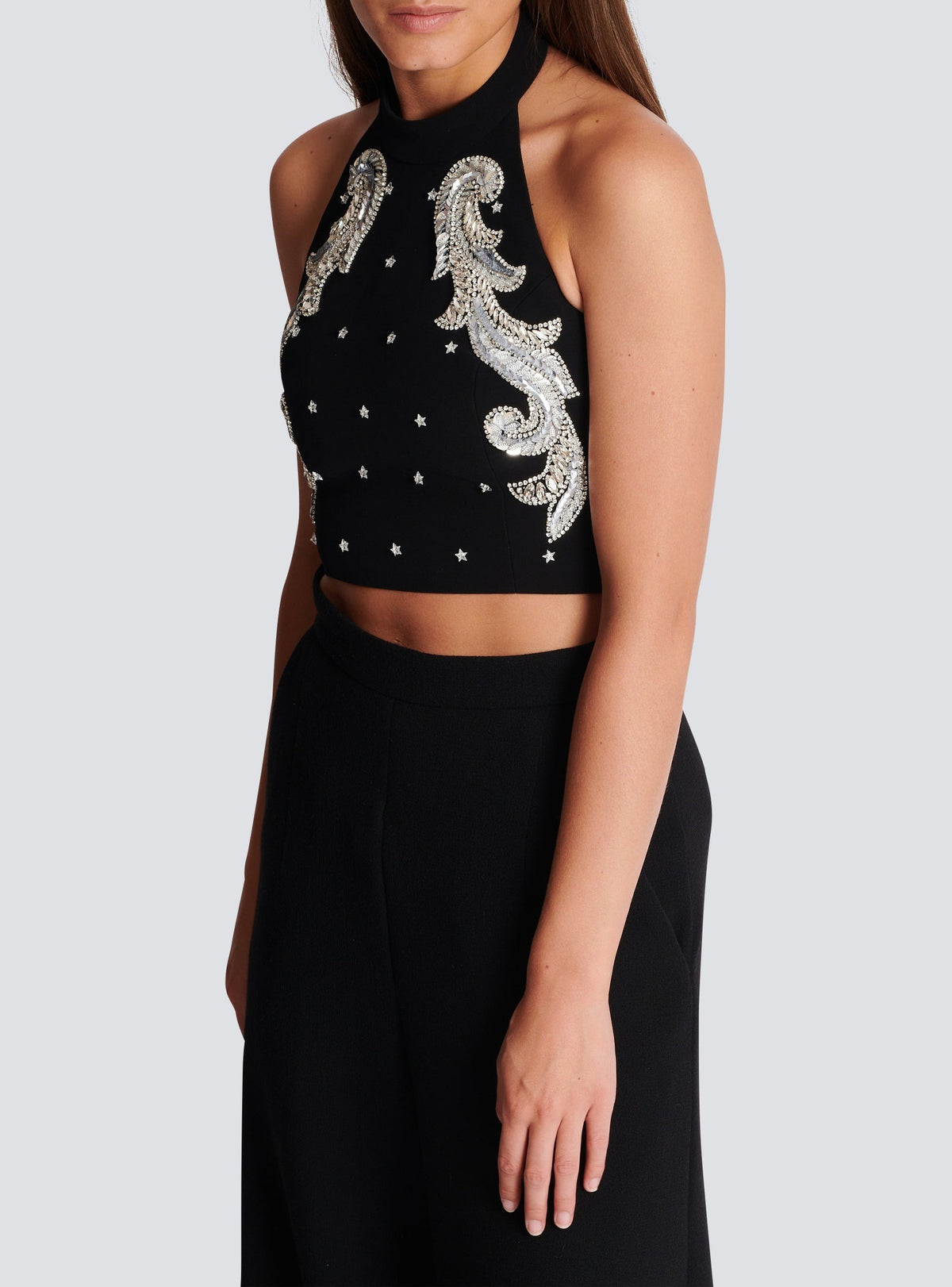Baroque embroidered halter top - Black & Crystal