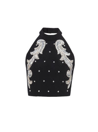 Baroque embroidered halter top - Black & Crystal