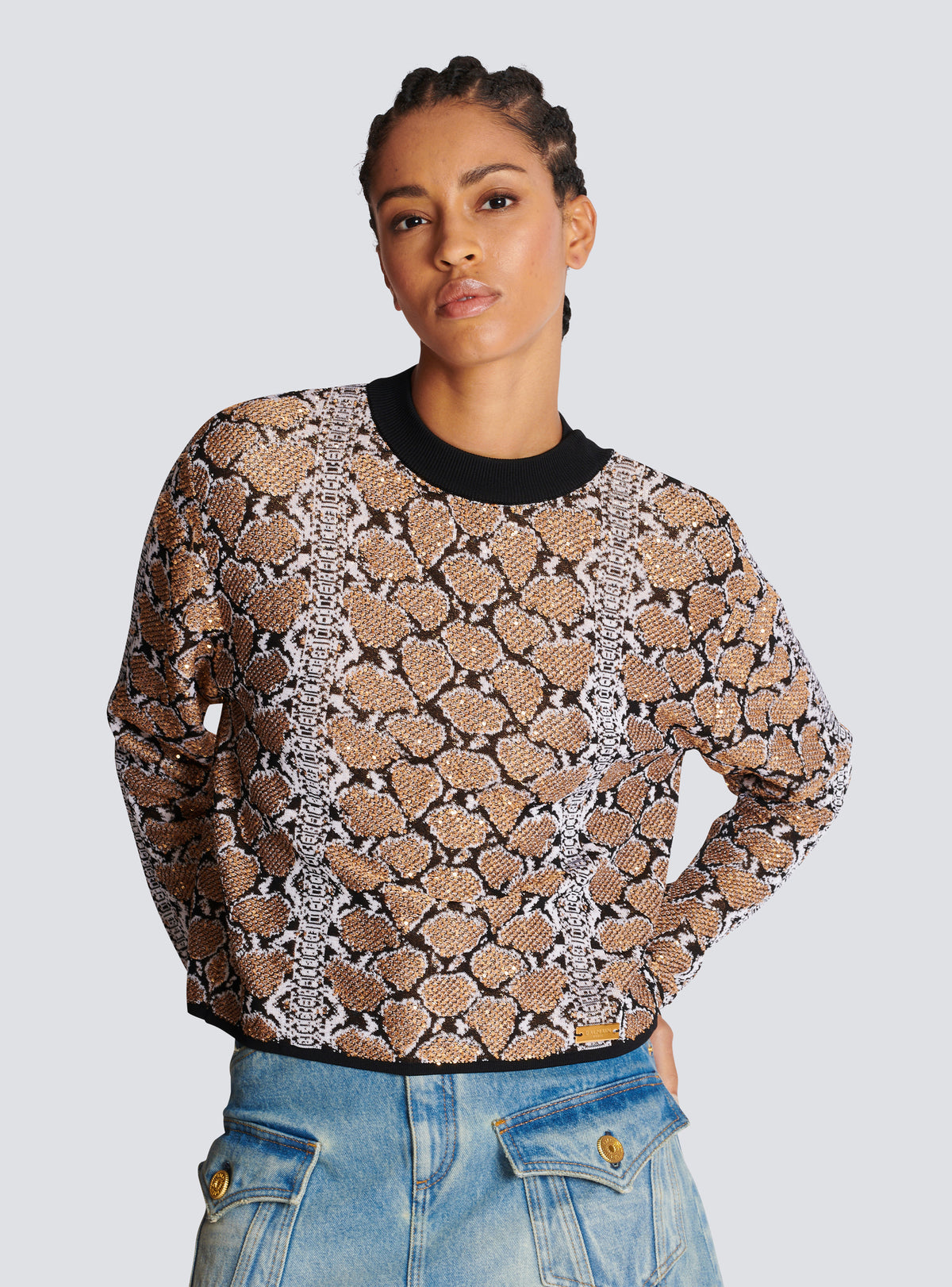 Pull en maille python - Noir & Camel & Blanc