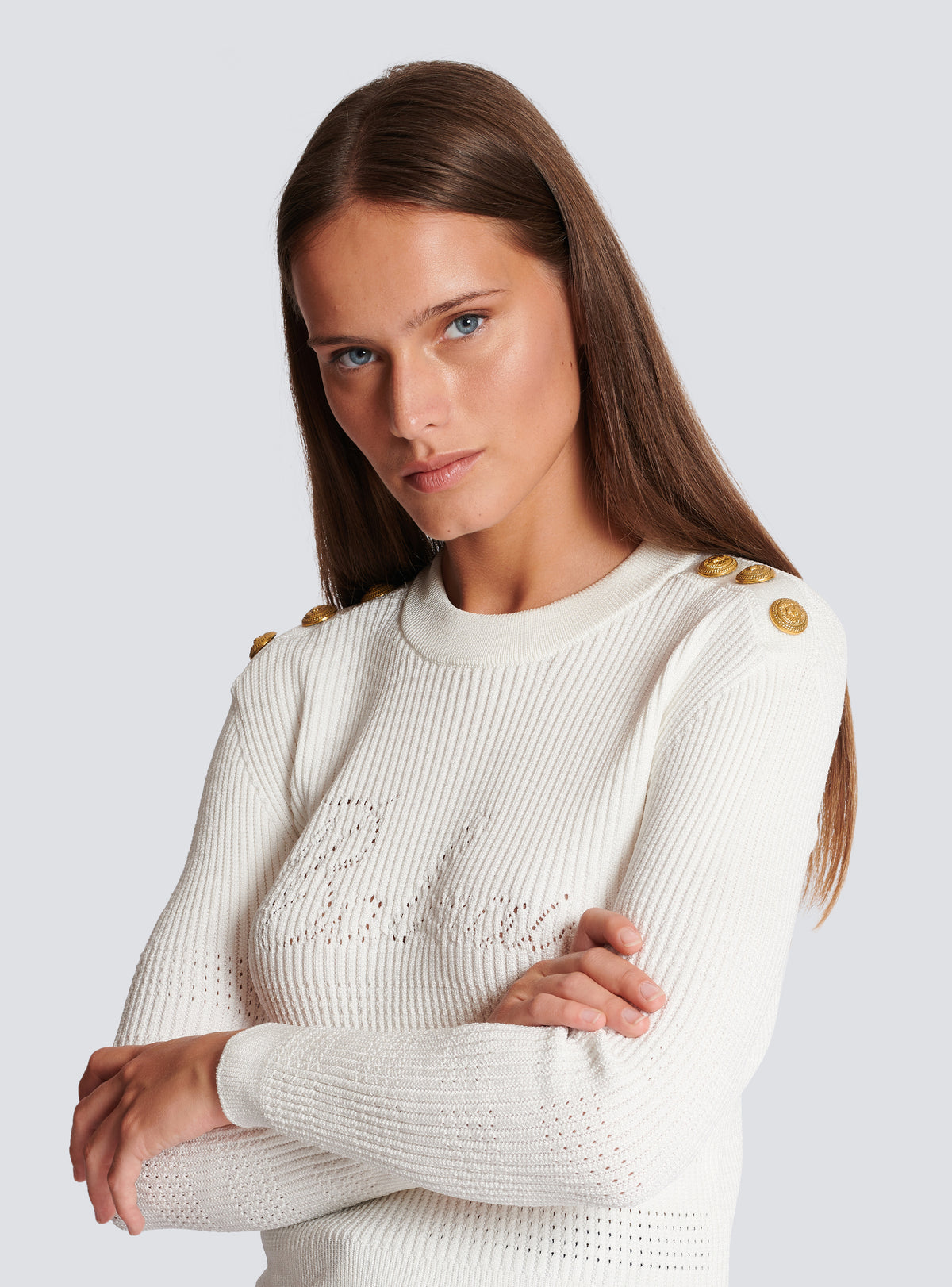 Pull balmain signature en maille - Blanc