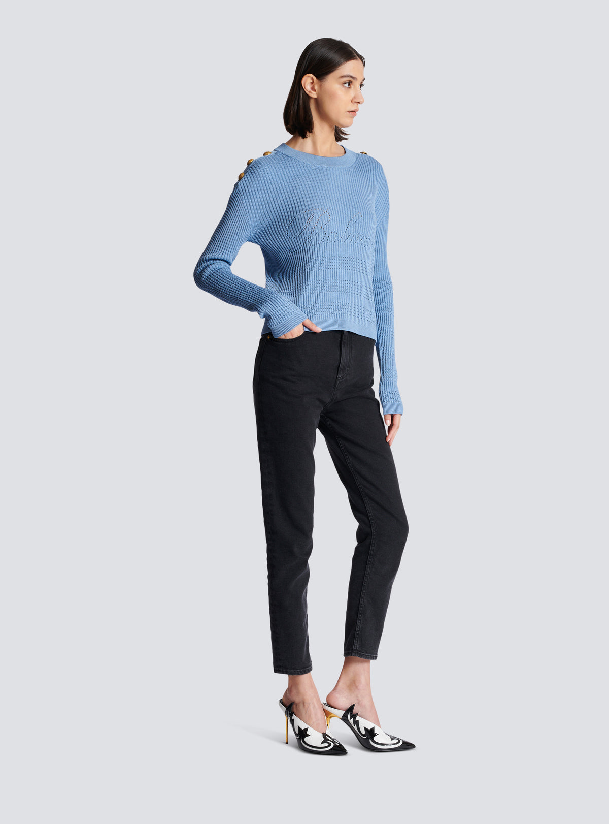 Pull balmain signature en maille - Bleu Pâle