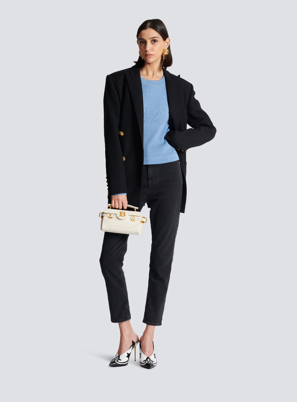 Pull balmain signature en maille - Bleu Pâle
