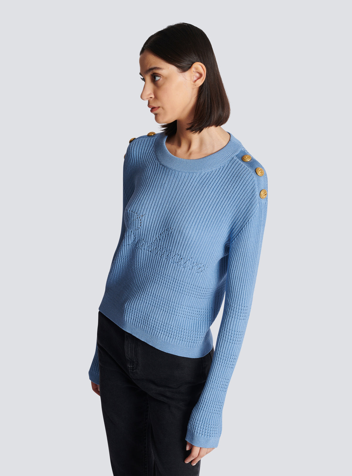 Pull balmain signature en maille - Bleu Pâle