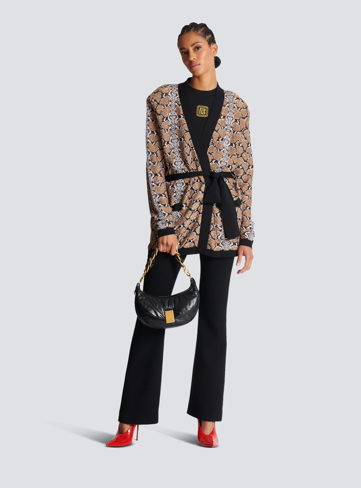 Cardigan en maille python - Noir & Camel & Blanc