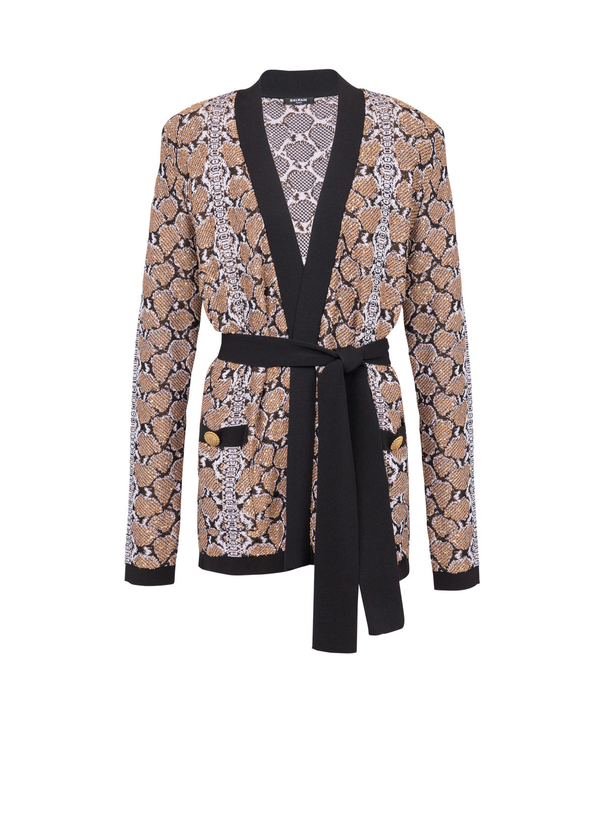 Cardigan en maille python - Noir & Camel & Blanc