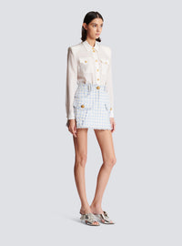 Jupe trapèze en tweed vichy - Bleu Pâle & Blanc