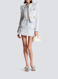 Short A-line gingham tweed skirt - Pale Blue & White