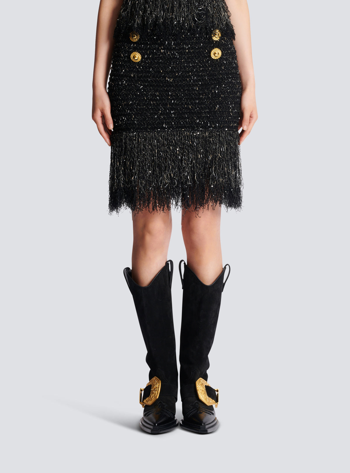 Jupe en tweed lurex à franges - Noir & Or