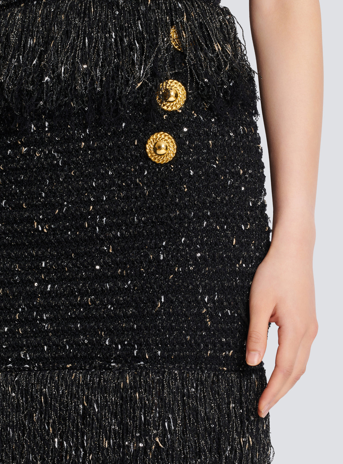 Jupe en tweed lurex à franges - Noir & Or