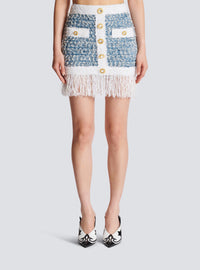 Jupe en tweed denim à franges - Bleu Pâle & Blanc