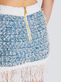 Jupe en tweed denim à franges - Bleu Pâle & Blanc