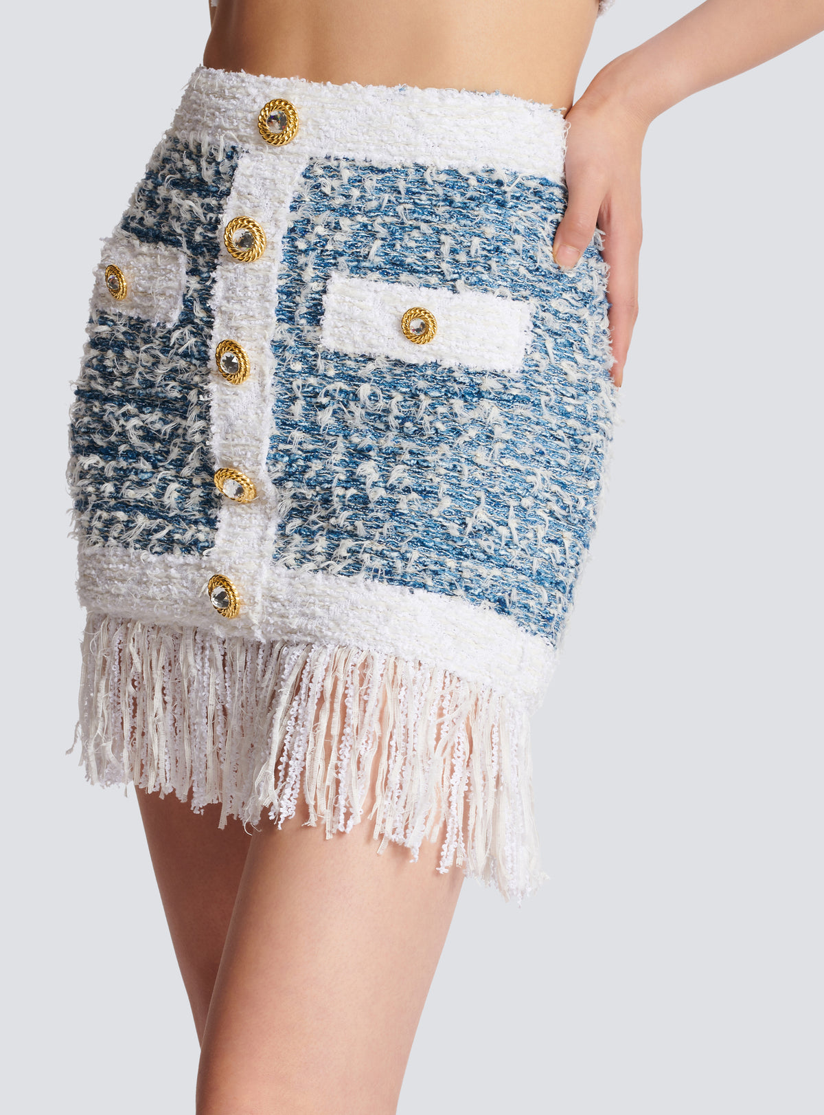 Jupe en tweed denim à franges - Bleu Pâle & Blanc