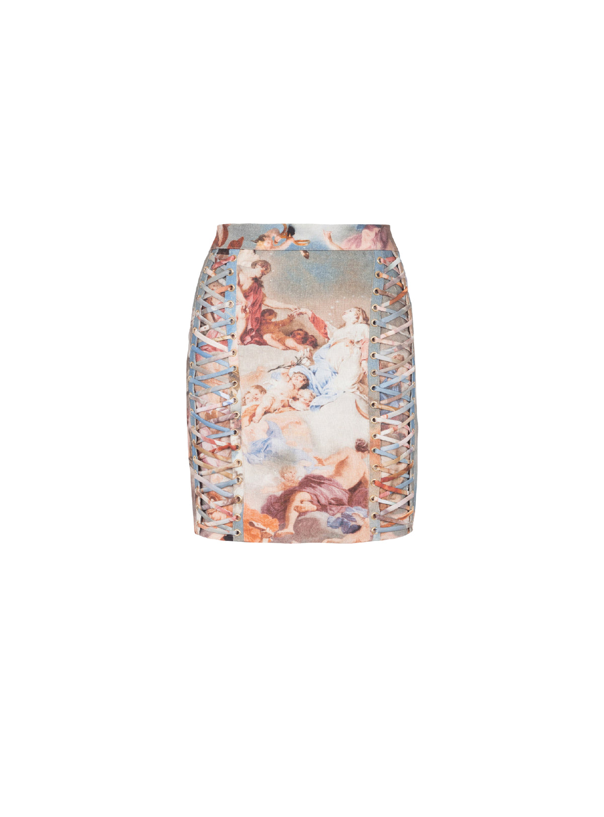 Sky print linen lace-up skirt - Blue & Multicolor