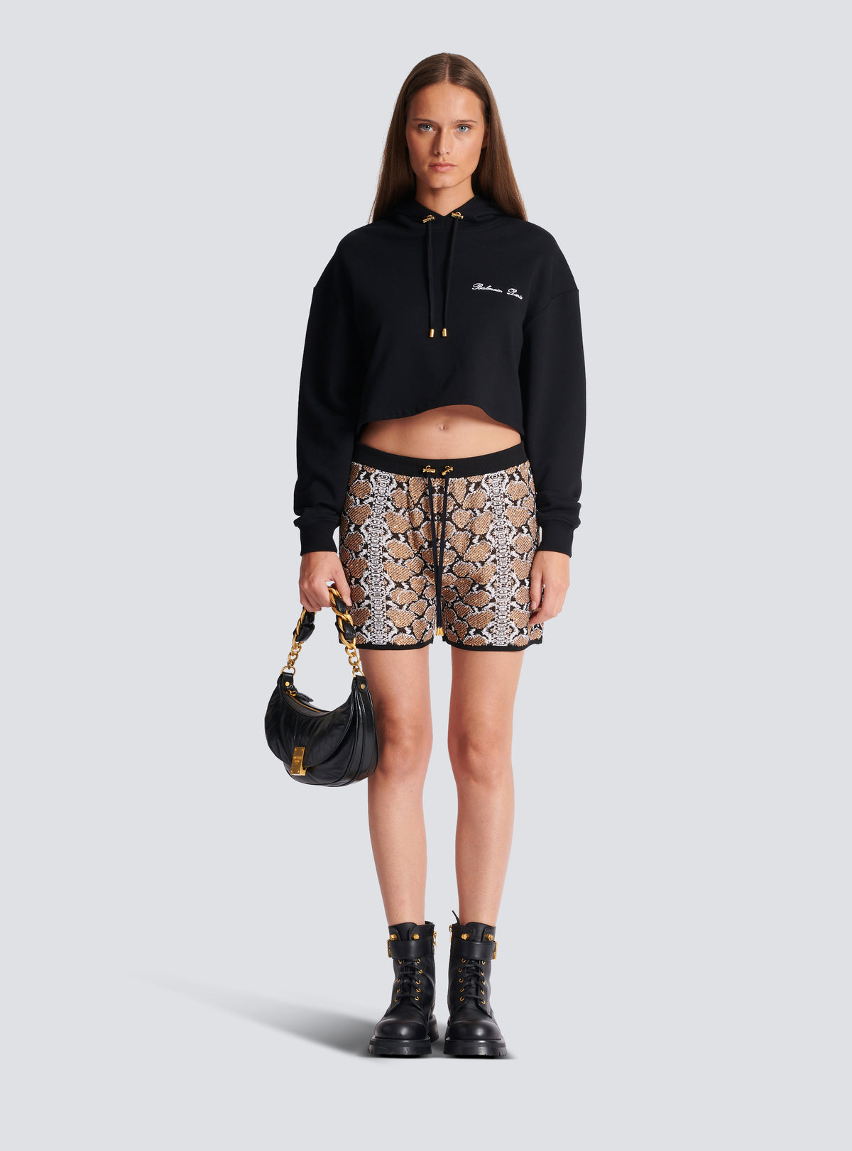Short en maille python - Noir & Camel & Blanc