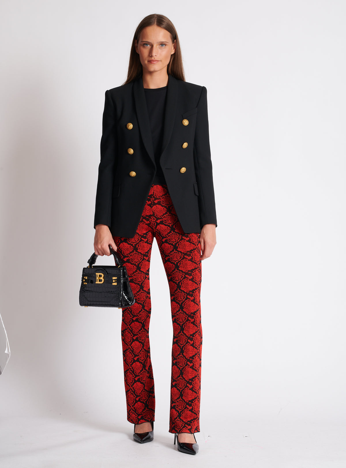 Pantalon bootcut en maille jacquard python - Noir & Rouge