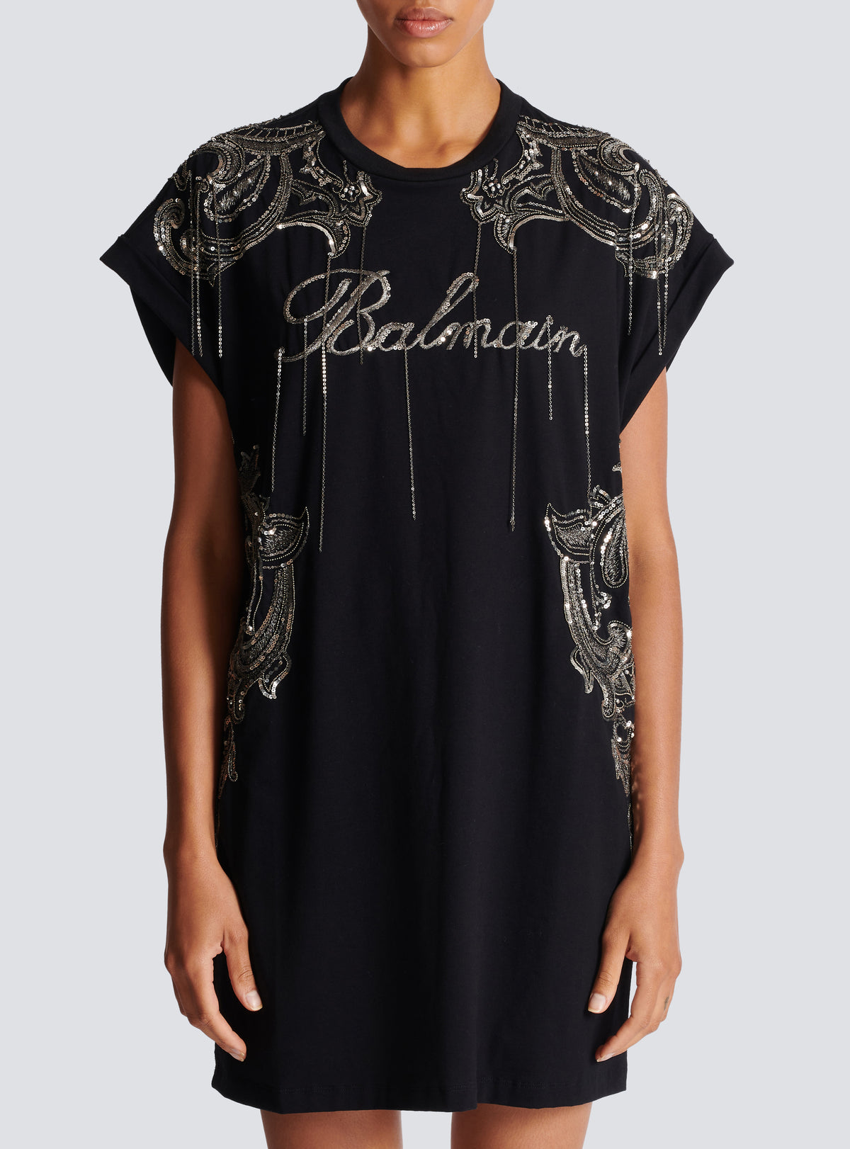 Robe t-shirt balmain signature brodée chaînes - Noir & Vieil Argent