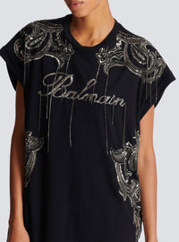 Robe courte brodée chaînes - Noir & Vieil Argent