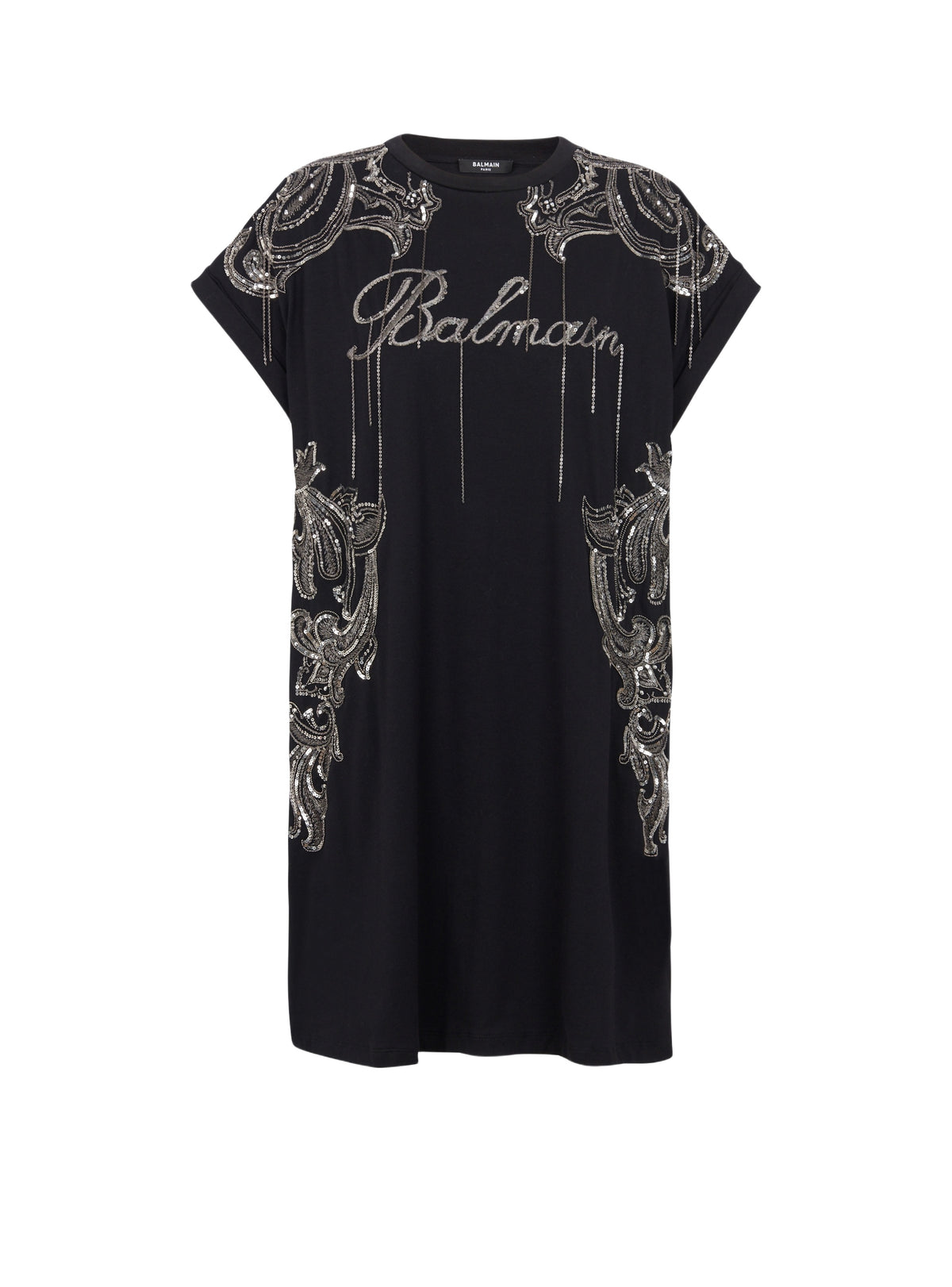 Robe courte brodée chaînes - Noir & Vieil Argent