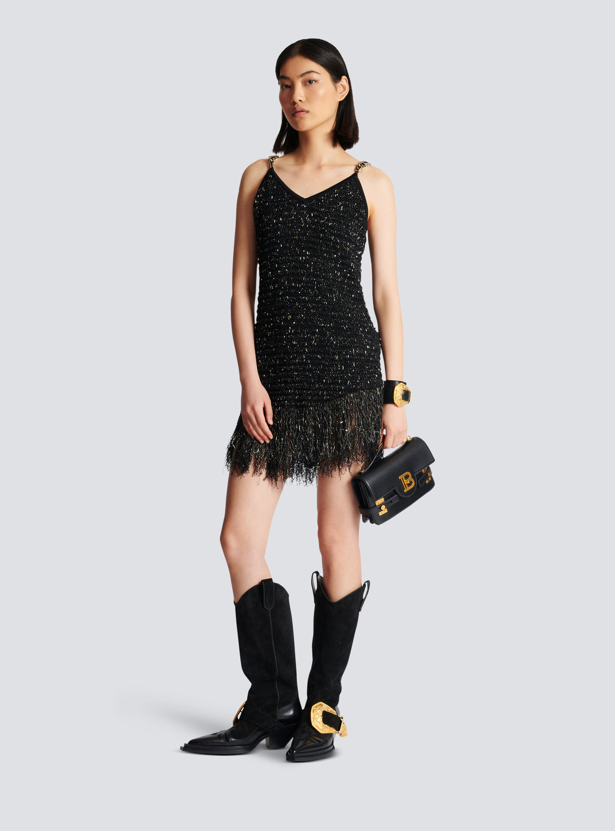 Robe en tweed lurex à franges - Noir & Or