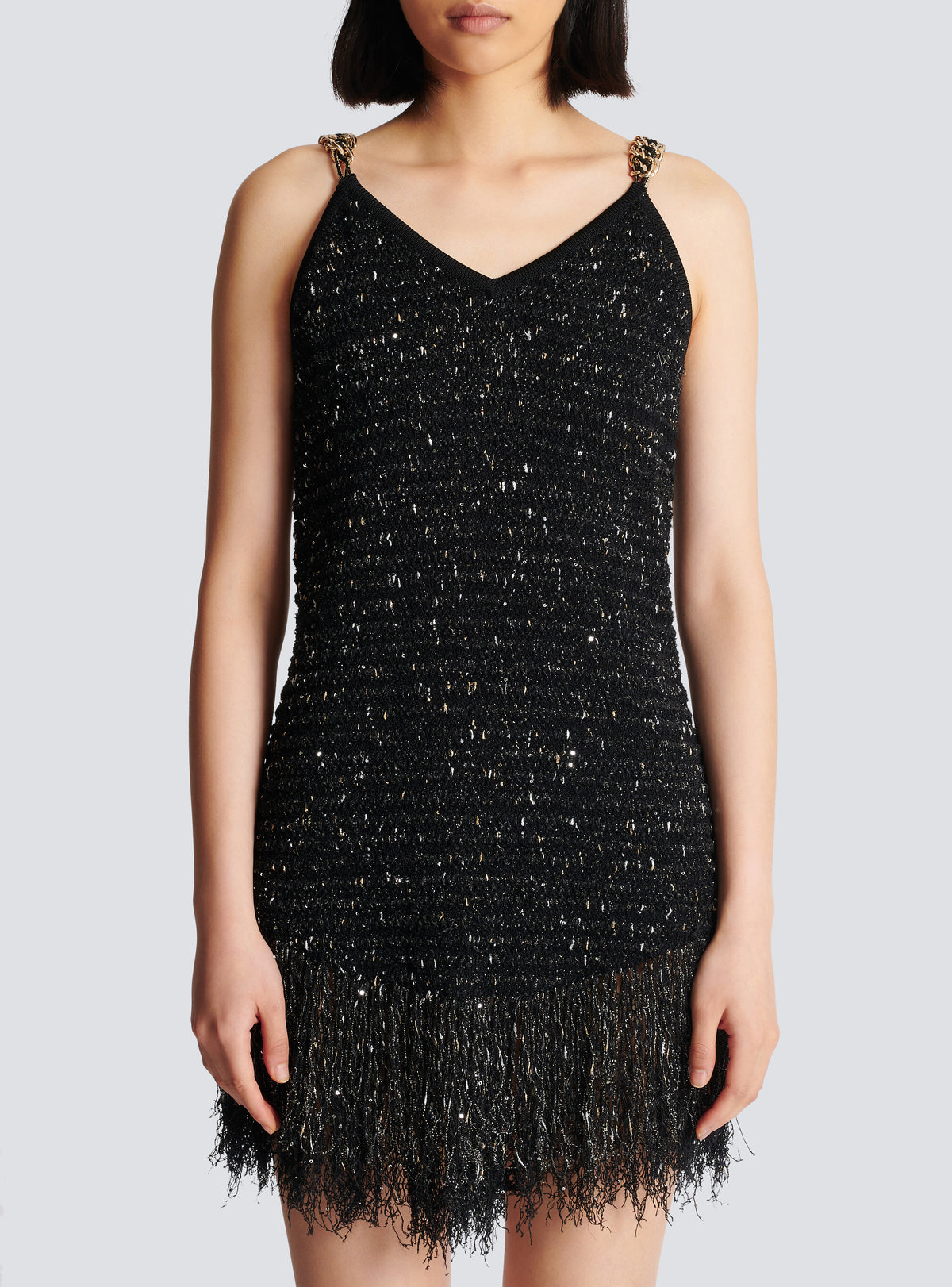 Robe en tweed lurex à franges - Noir & Or
