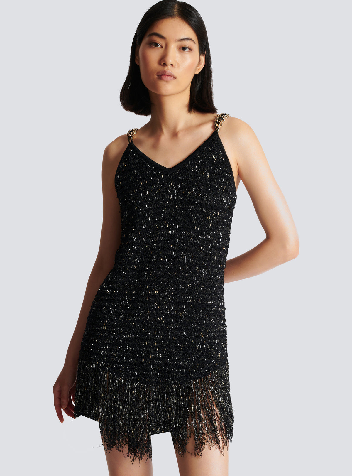Robe en tweed lurex à franges - Noir & Or