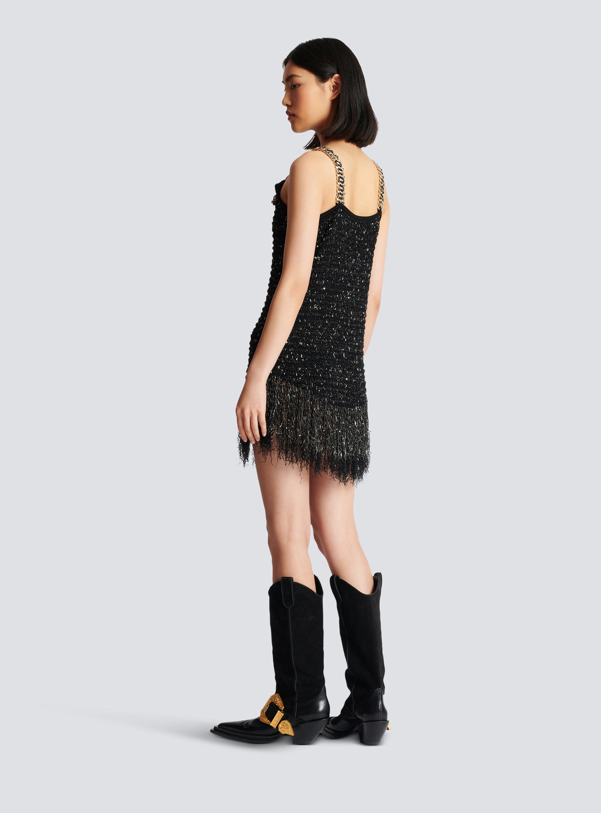 Robe en tweed lurex à franges - Noir & Or