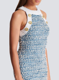 Short fringed denim tweed dress - Pale Blue & White