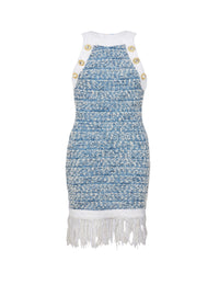 Short fringed denim tweed dress - Pale Blue & White