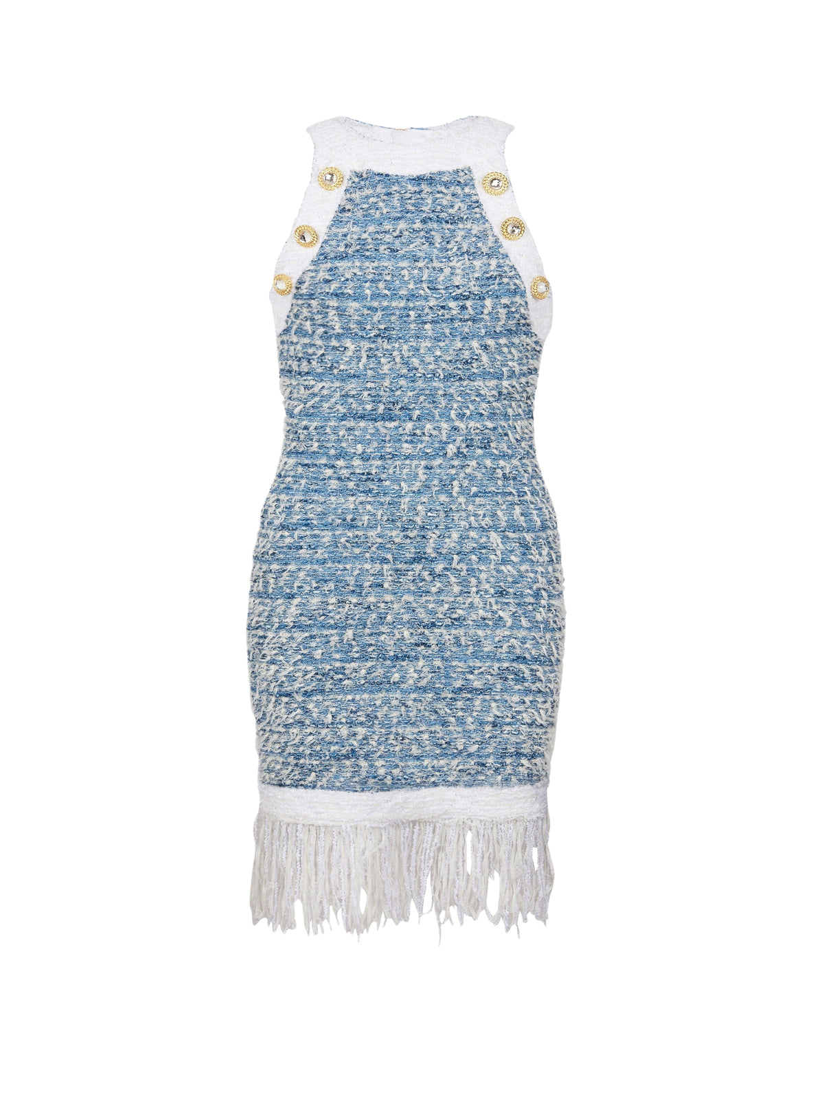 Short fringed denim tweed dress - Pale Blue & White