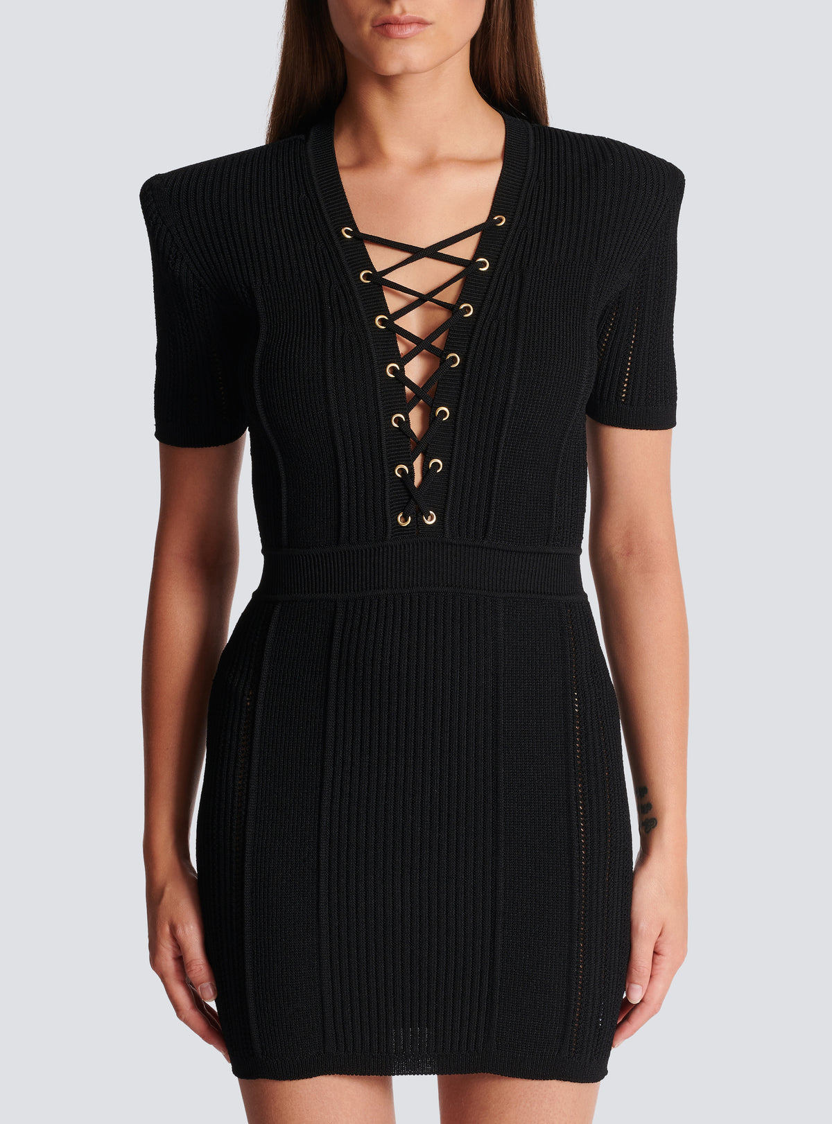 Robe lacée en fine maille côtelée - Noir