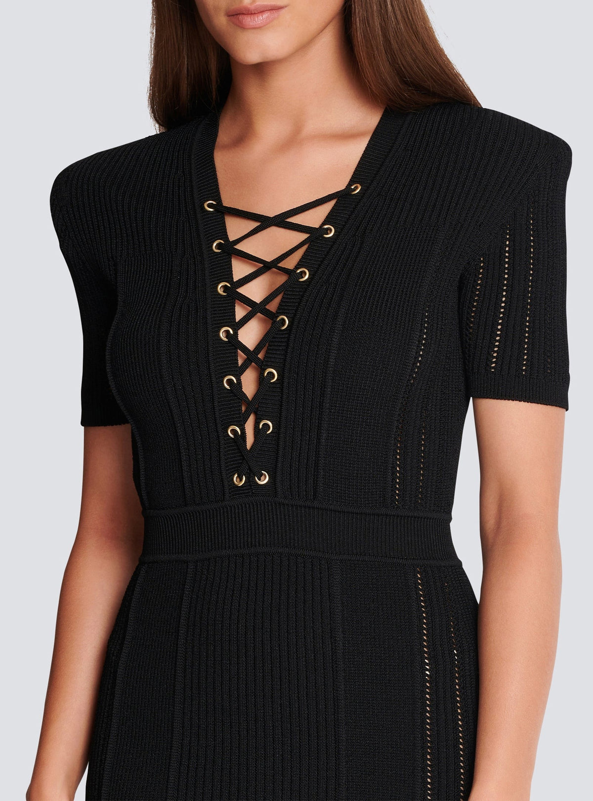 Robe courte lacée en maille côtelée - Noir