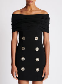 Robe courte en jersey à épaules dénudées à bouton bijou - Noir