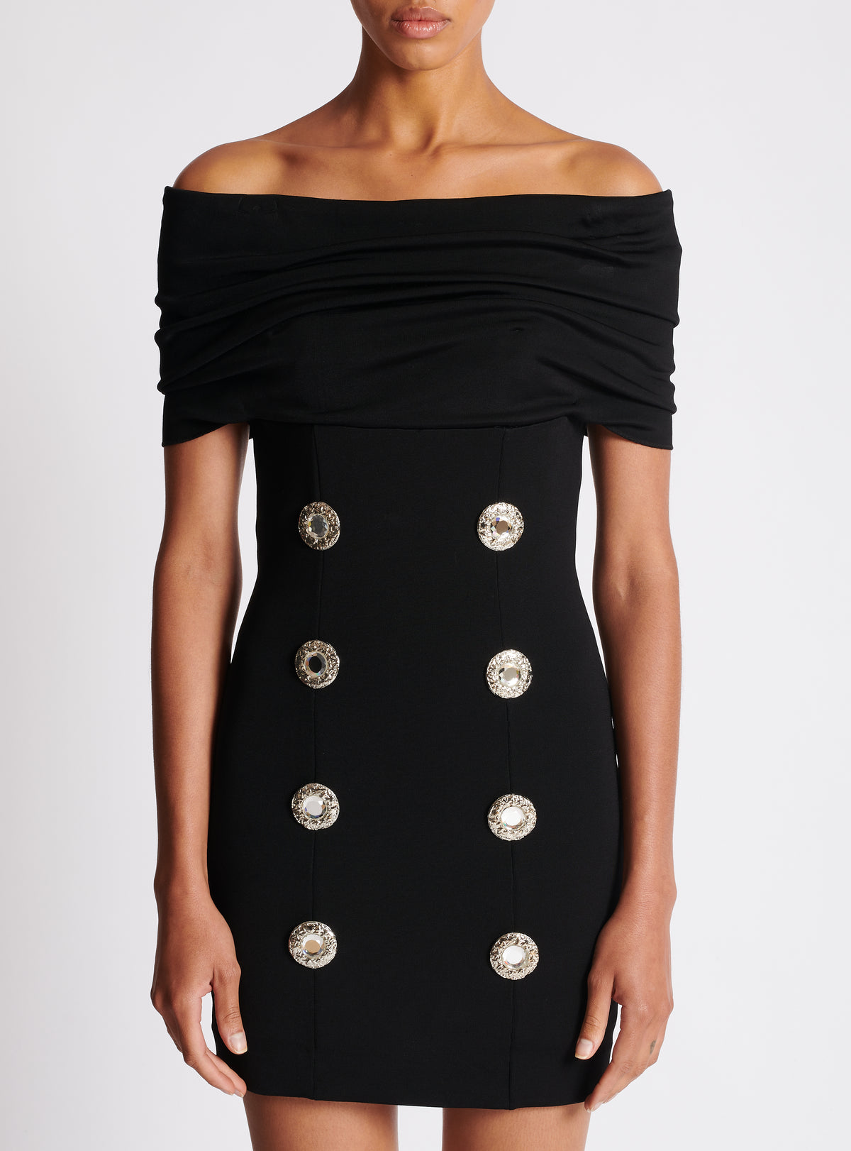 Robe courte en jersey à épaules dénudées à bouton bijou - Noir