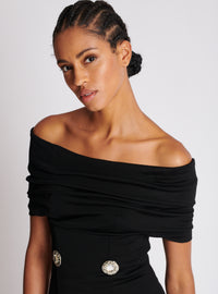 Robe courte en jersey à épaules dénudées à bouton bijou - Noir