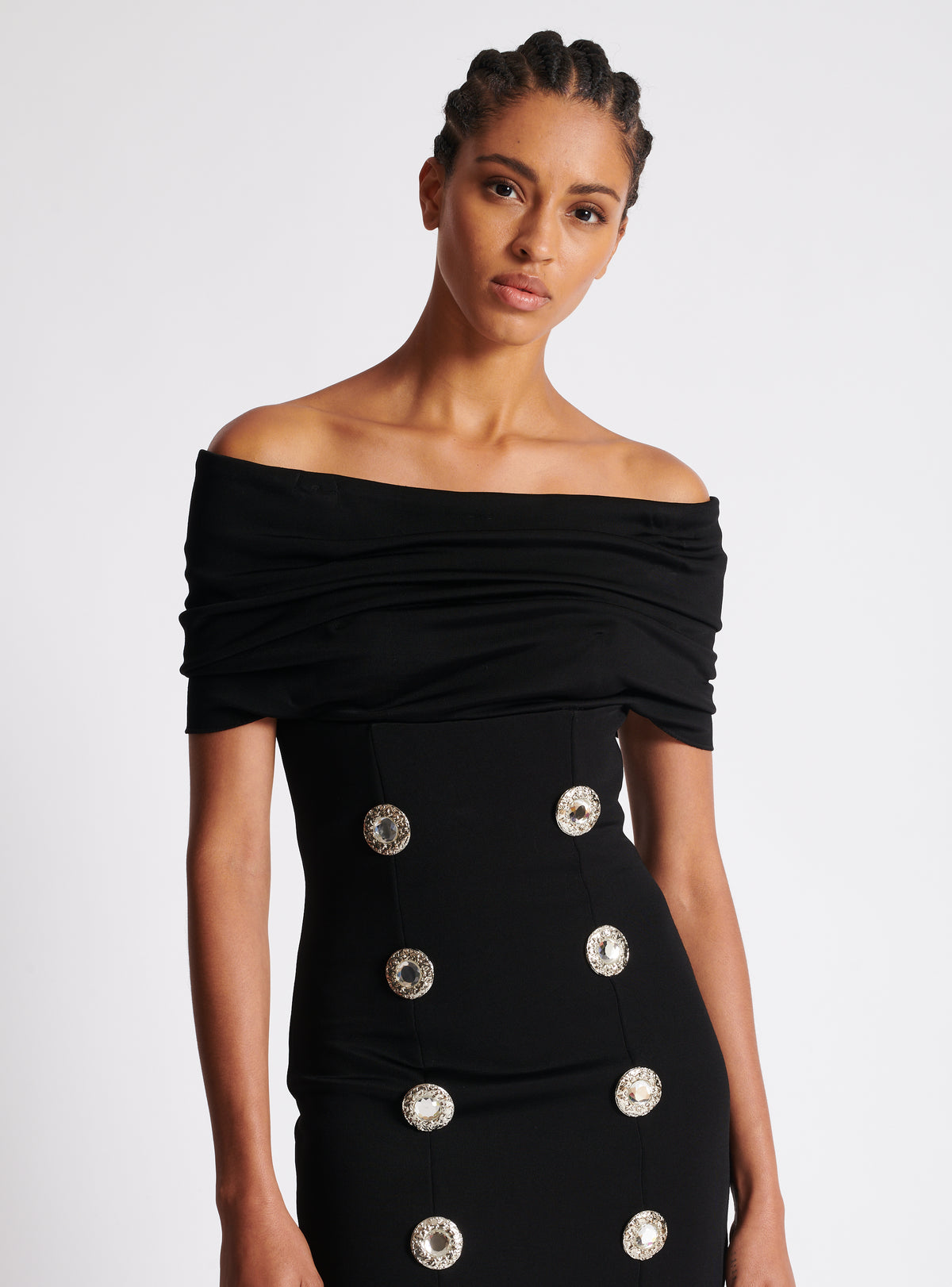 Robe courte en jersey à épaules dénudées à bouton bijou - Noir